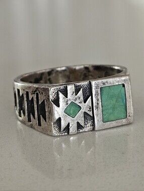 Vintage Temé Navajo Sterling Silver Men's Green Turquoise Inlay Ring Sz 10.75